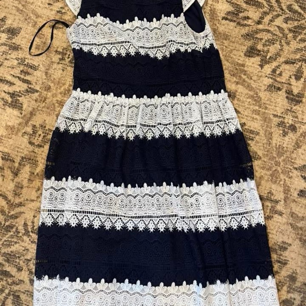 Navy and White Lace Stripe Sleeveless Dress